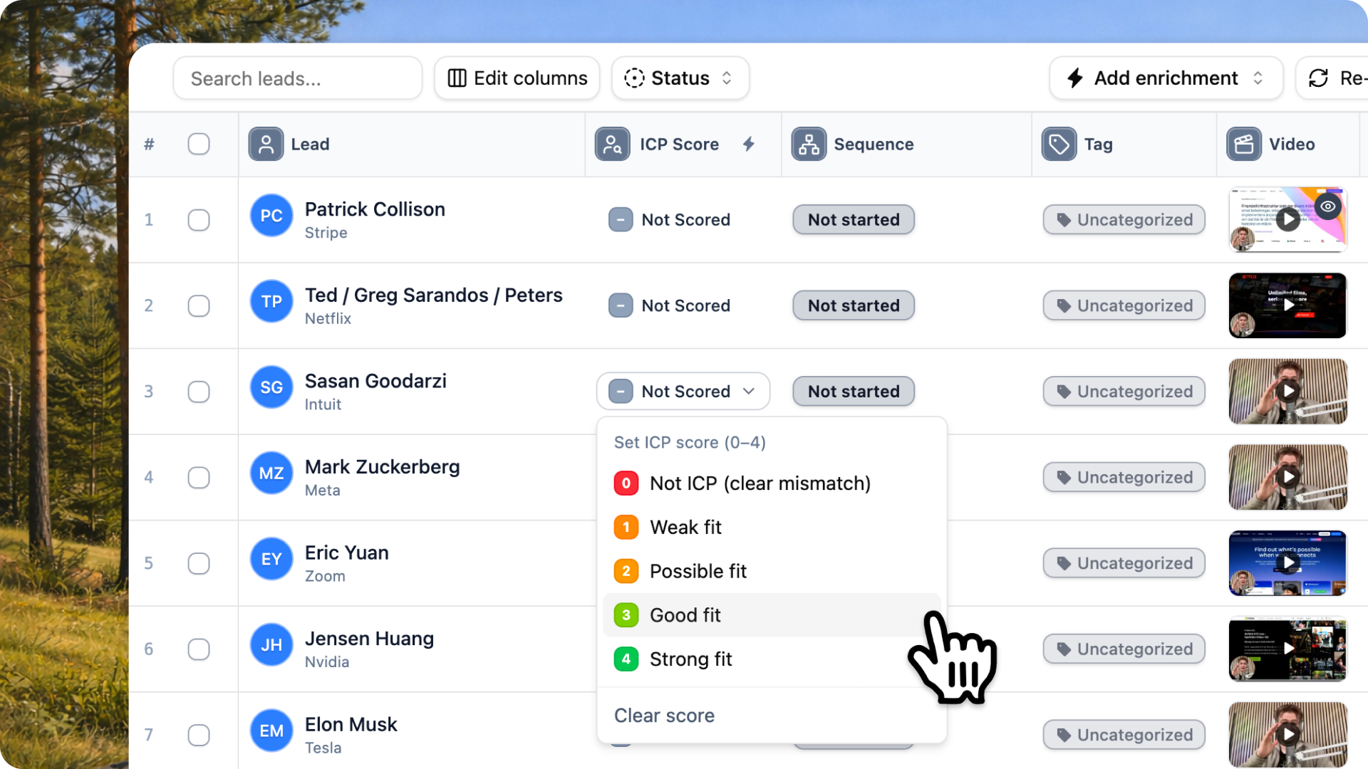ICP Score selection in leads table view - scoring each lead from 0 to 4