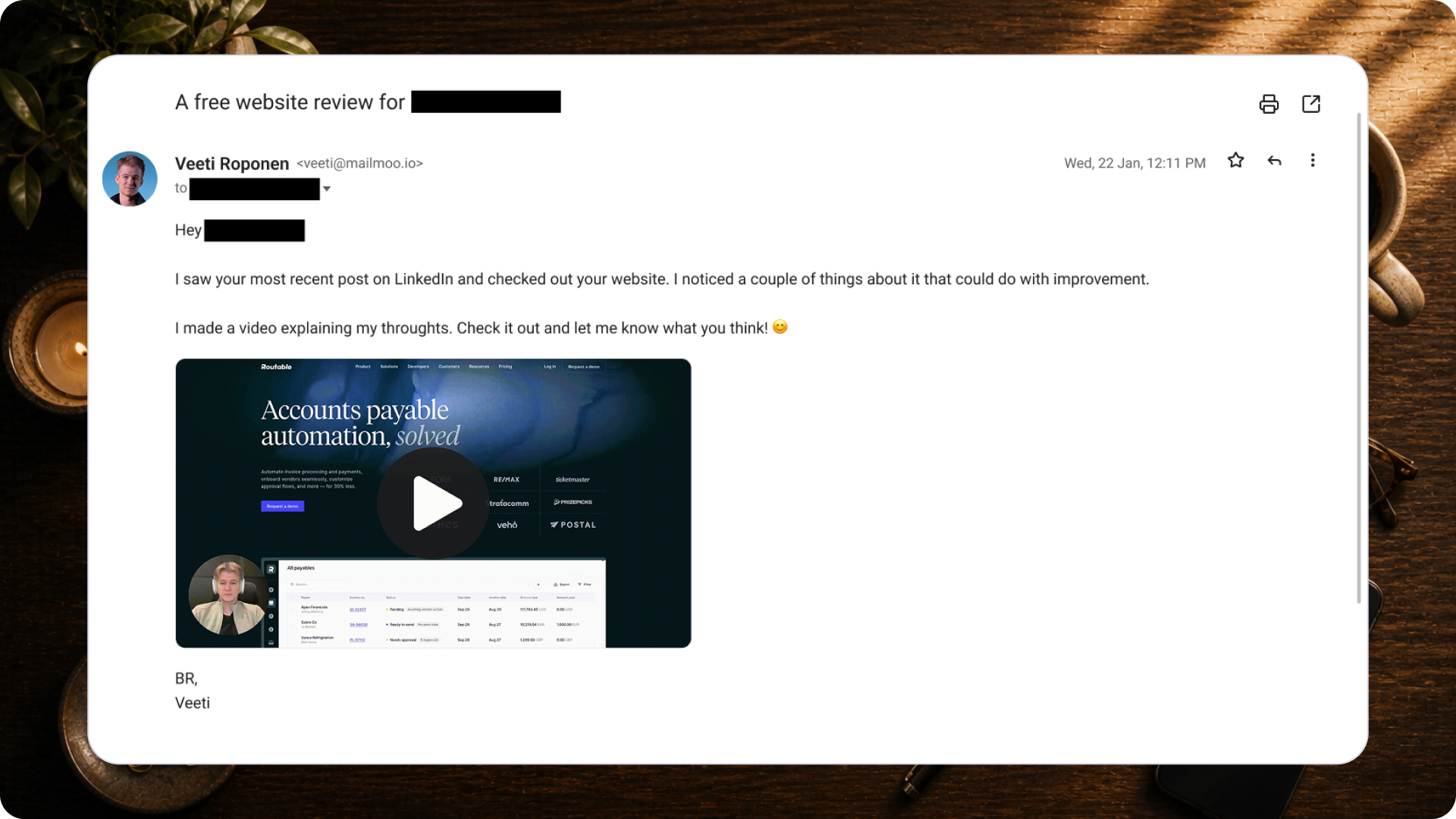 Real MailMoo video outreach email example - personalized video embedded in an outreach email