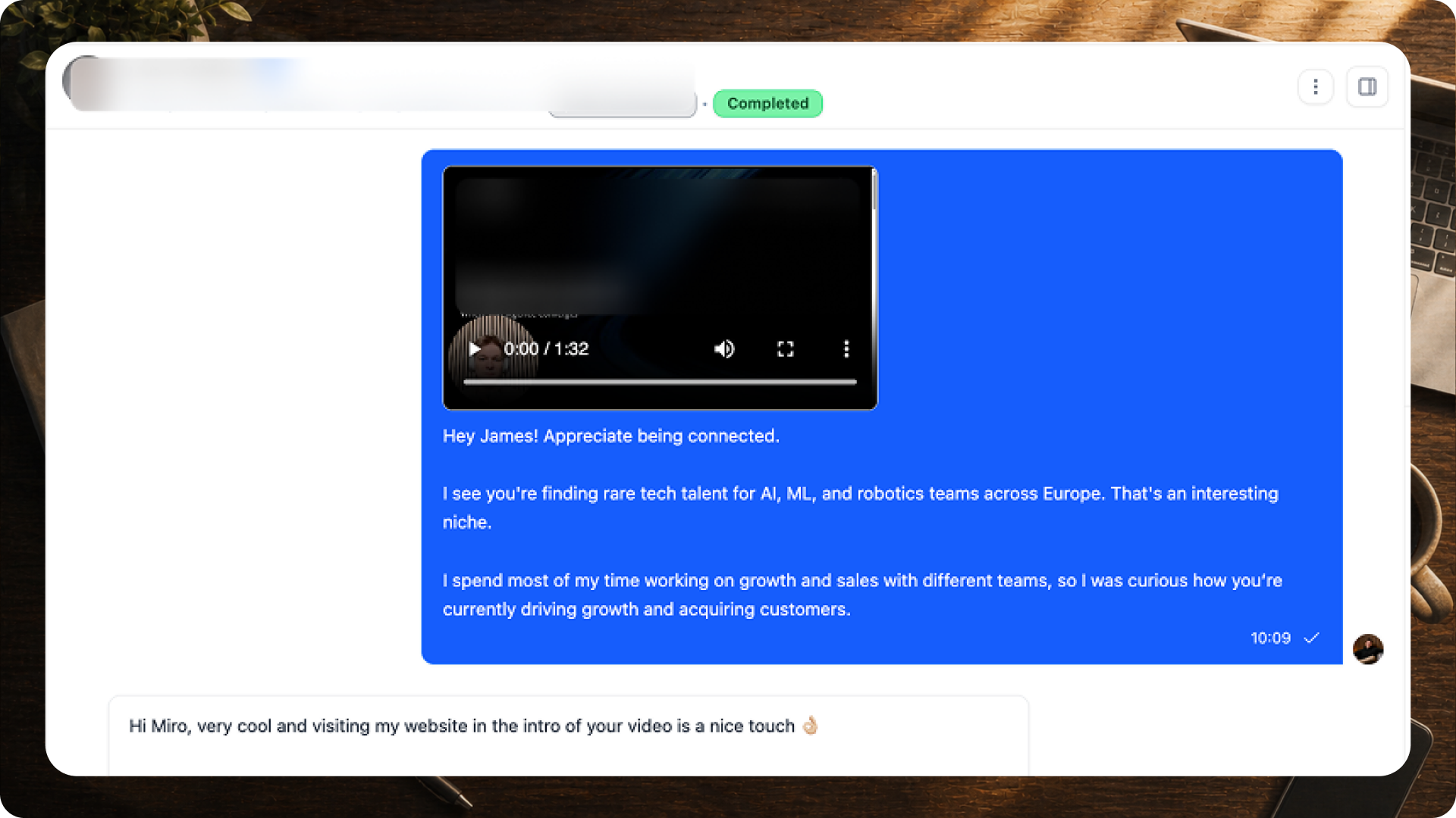 Real MailMoo video outreach LinkedIn example - video attachment in a LinkedIn message