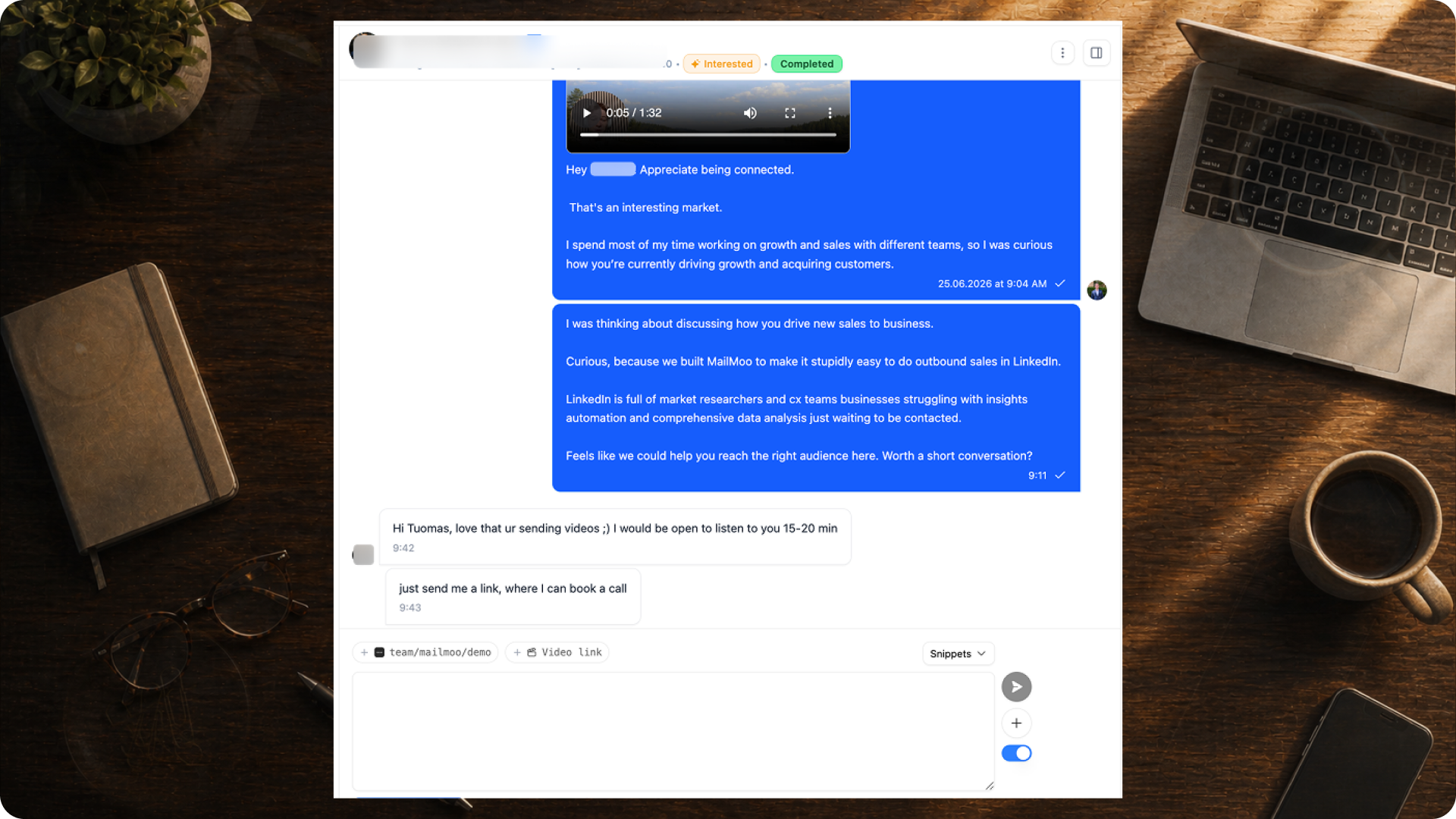 Real MailMoo video outreach LinkedIn example (video as attachment) 2 — The image showcases a personalized outreach message example from a real LinkedI…